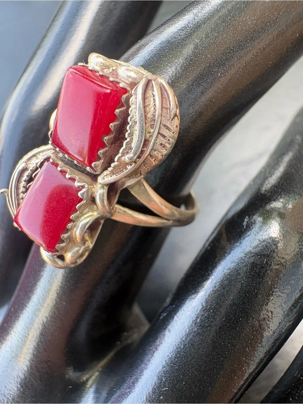 Southwest Style Ring with Red Stones and Feather Accents - Size 7.25